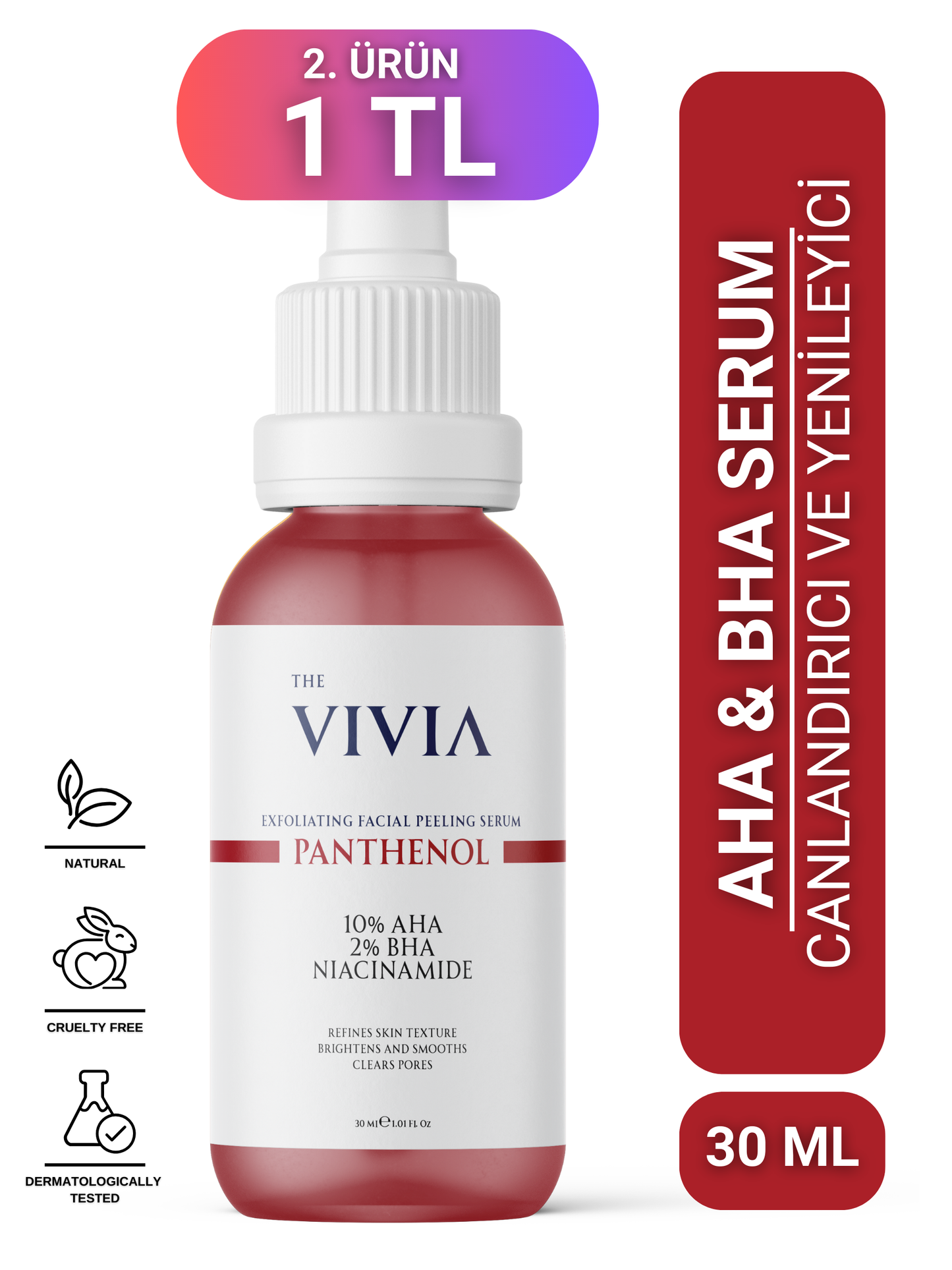 The Vivia Canlandırıcı, Cilt Tonu Eşitleyici, Yenileyici, Gözenek Sıklaştırıcı Peeling Serum AHA & BHA, 30 ml