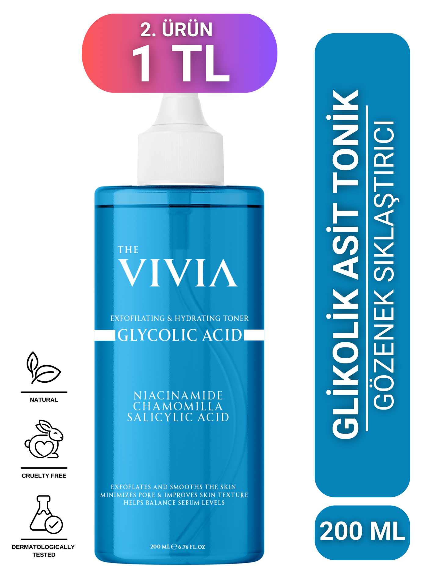 The Vivia Canlandırıcı, Gözenek Sıkılaştırıcı ve Leke Karşıtı Glikolik Asit Tonik Tüm Cilt Tipleri 200 ml