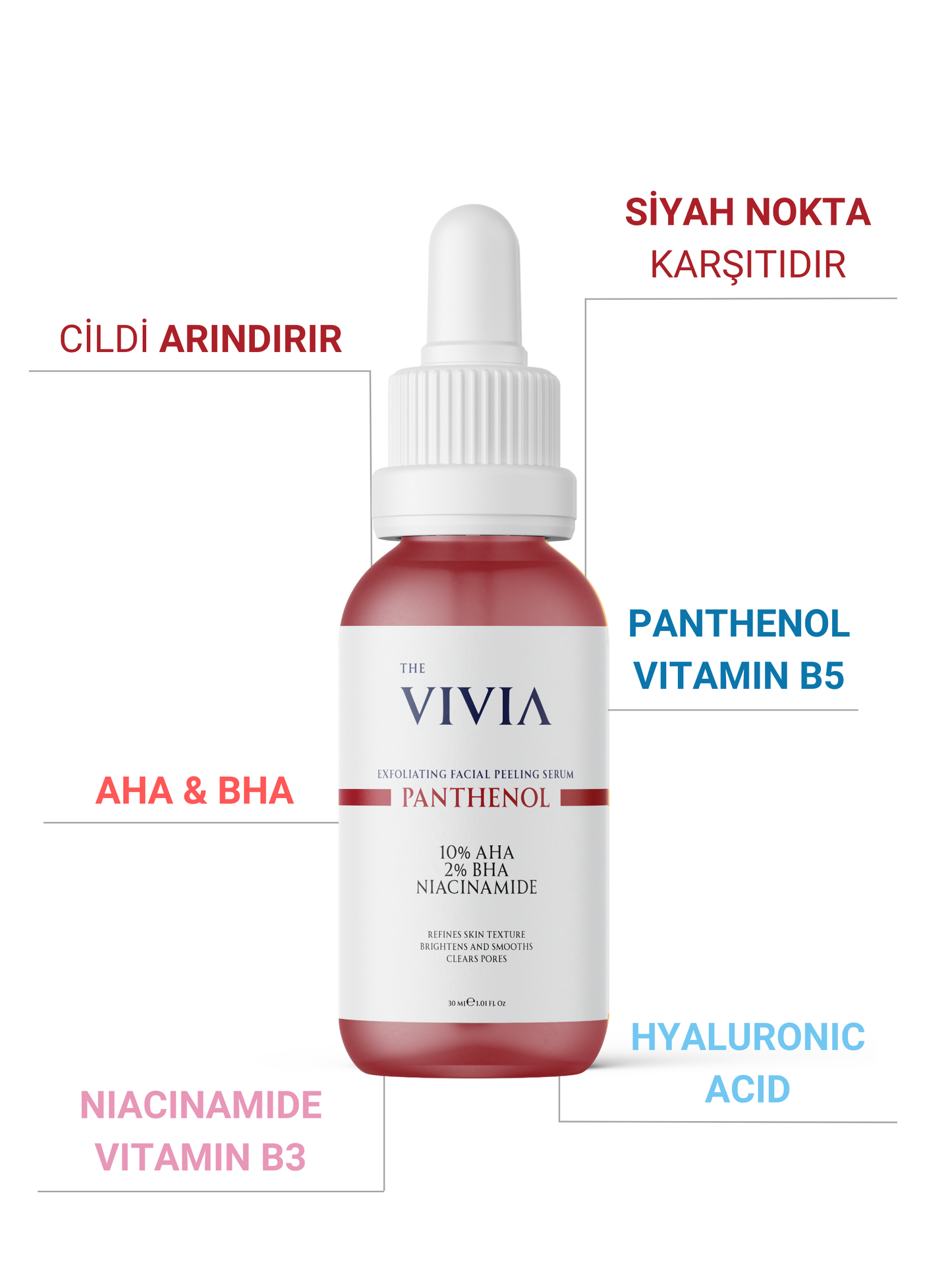 The Vivia Canlandırıcı, Cilt Tonu Eşitleyici, Yenileyici, Gözenek Sıklaştırıcı Peeling Serum AHA & BHA, 30 ml