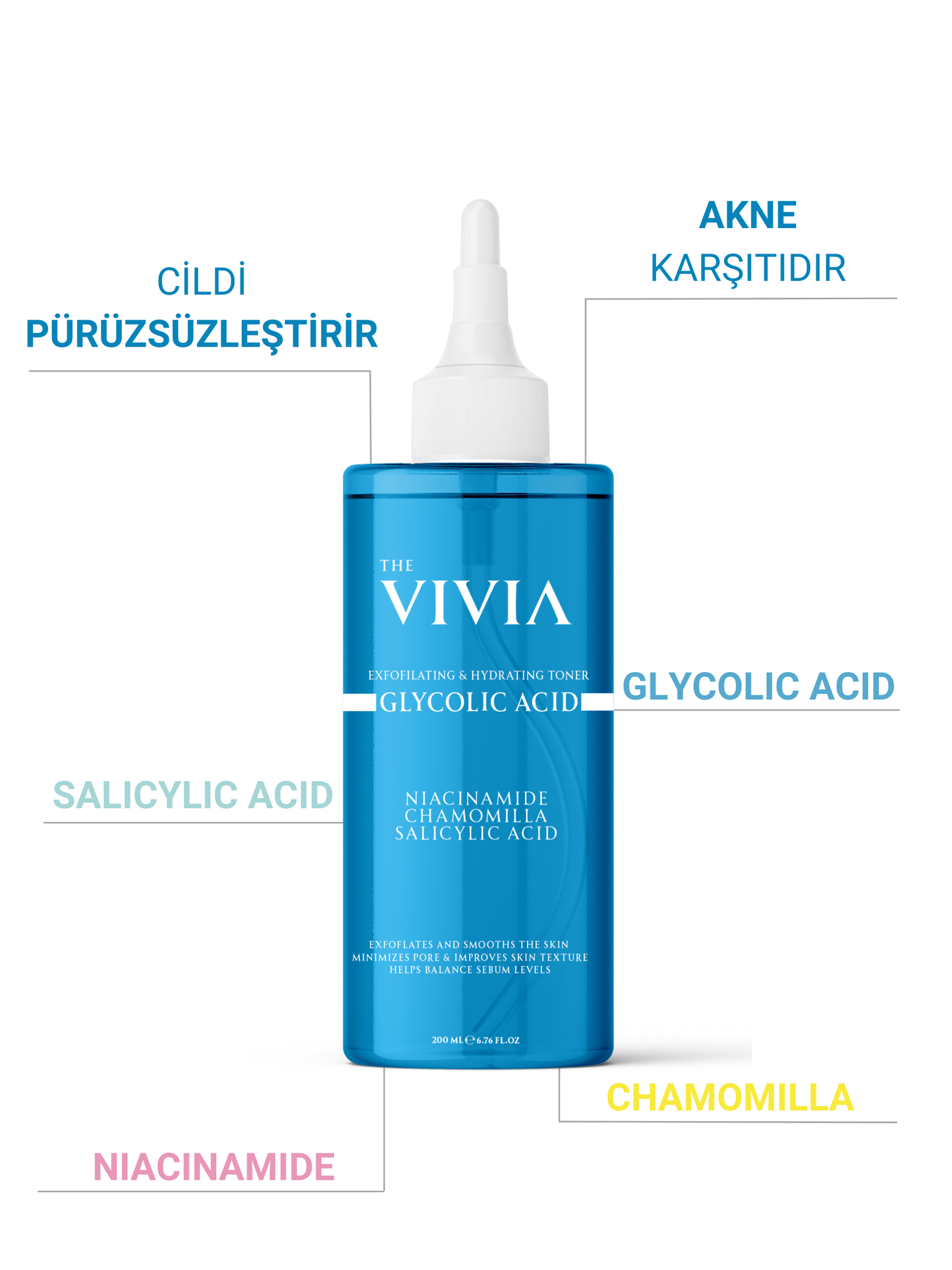 The Vivia Canlandırıcı, Gözenek Sıkılaştırıcı ve Leke Karşıtı Glikolik Asit Tonik Tüm Cilt Tipleri 200 ml
