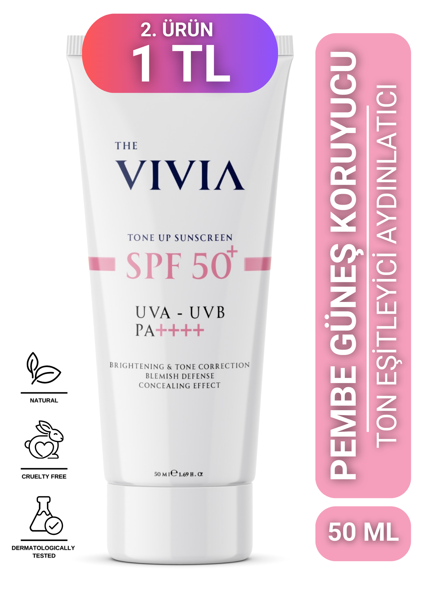 The Vivia Ton Eşitleyici ve Aydınlatıcı, Leke Karşıtı, Yüksek Koruyucu SPF50+ Pembe Renkli Güneş Kremi, 50 ml
