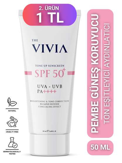 The Vivia Ton Eşitleyici ve Aydınlatıcı, Leke Karşıtı, Yüksek Koruyucu SPF50+ Pembe Renkli Güneş Kremi, 50 ml