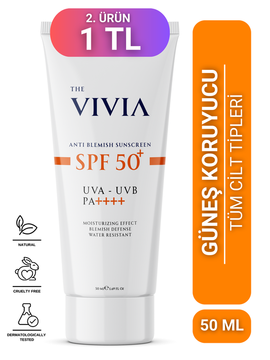 The Vivia Leke Karşıtı Yüksek Koruyucu SPF50+ Yüz Güneş Kremi Tüm Cilt Tipleri 50 Ml