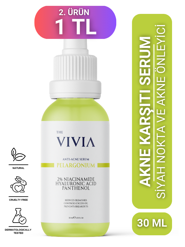 The Vivia Siyah Nokta, Sivilce ve Akne Karşıtı, Gözenek Sıklaştırıcı Cilt Serumu Pelargonium Niacinamide Hyaluronic Acid Panthenol 30 ml