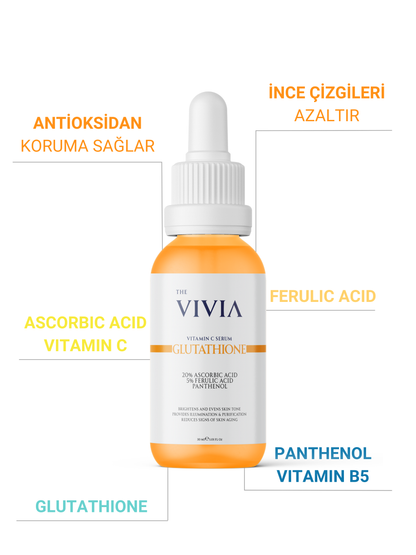 The Vivia Leke Karşıtı Aydınlatıcı C Vitamini Serum Glutatyon, %20 Askorbik Asit, %5 Ferulik Asit 30 ml