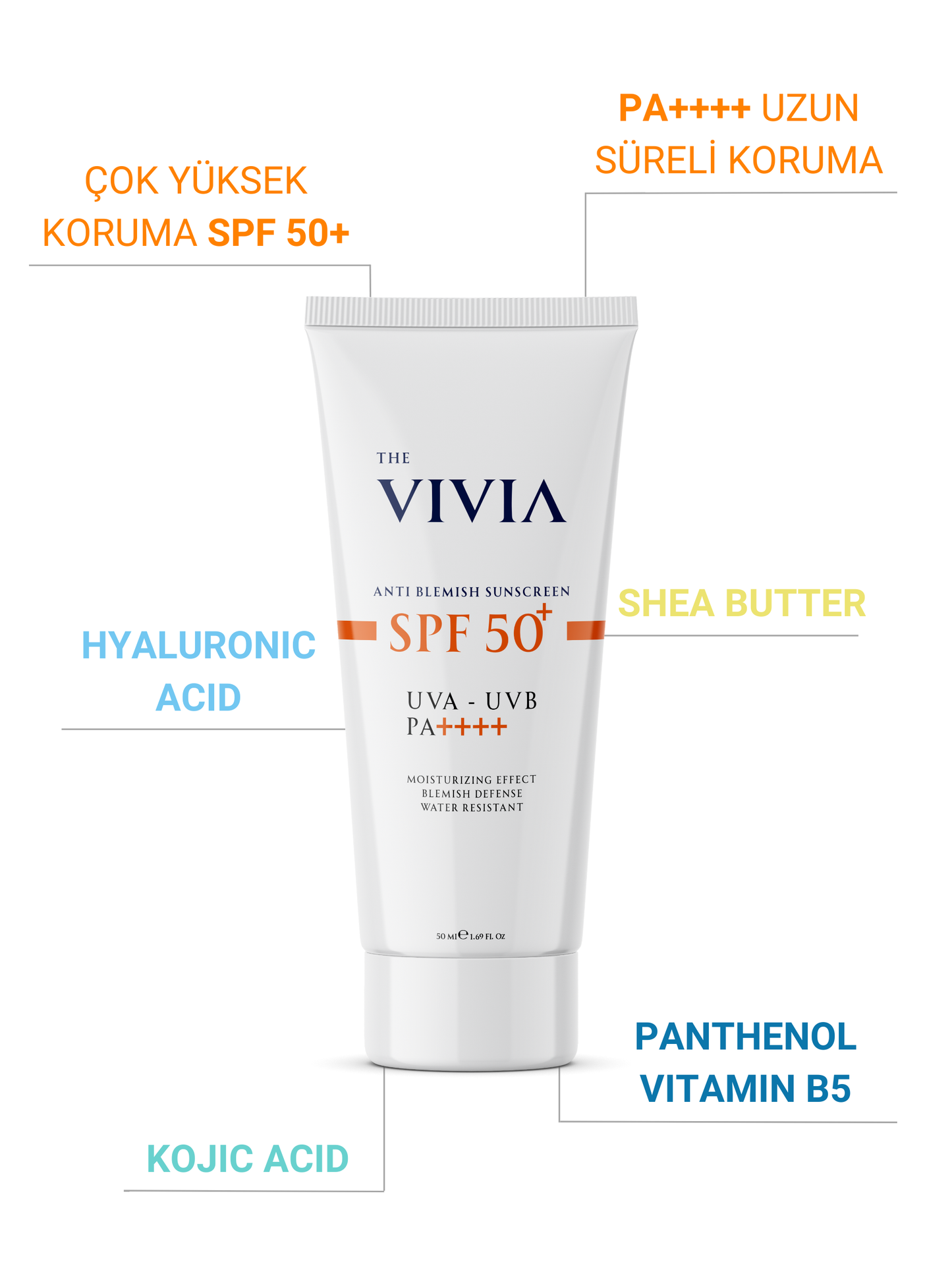 The Vivia Leke Karşıtı Yüksek Koruyucu SPF50+ Yüz Güneş Kremi Tüm Cilt Tipleri 50 Ml