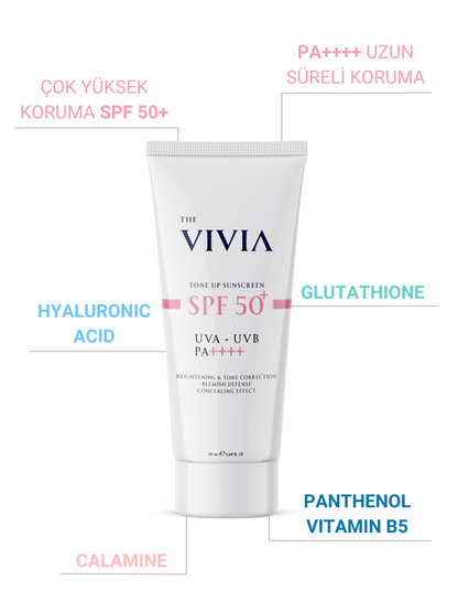 The Vivia Ton Eşitleyici ve Aydınlatıcı, Leke Karşıtı, Yüksek Koruyucu SPF50+ Pembe Renkli Güneş Kremi, 50 ml