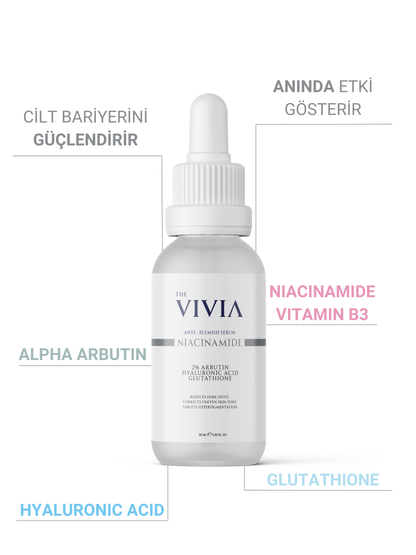 The Vivia Leke Karşıtı ve Cilt Tonu Eşitleyen Cilt Serumu Glutatyon, Niasinamid, Arbutin, Hyaluronik Acid 30 Ml