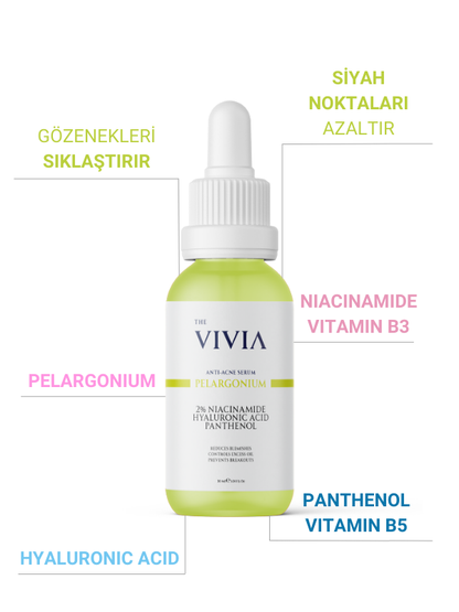 The Vivia Siyah Nokta, Sivilce ve Akne Karşıtı, Gözenek Sıklaştırıcı Cilt Serumu Pelargonium Niacinamide Hyaluronic Acid Panthenol 30 ml