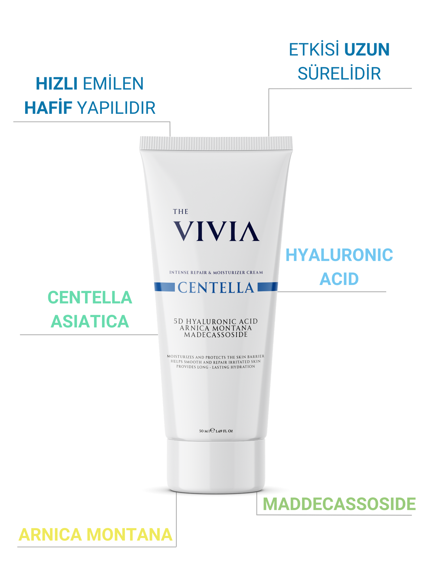 The Vivia Yoğun Bakım ve Nemlendirici Bariyer Destekleyici Cica Krem Madecassoside, Hyaluronik Asit 50 ml