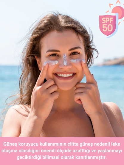 The Vivia Ton Eşitleyici ve Aydınlatıcı, Leke Karşıtı, Yüksek Koruyucu SPF50+ Pembe Renkli Güneş Kremi, 50 ml