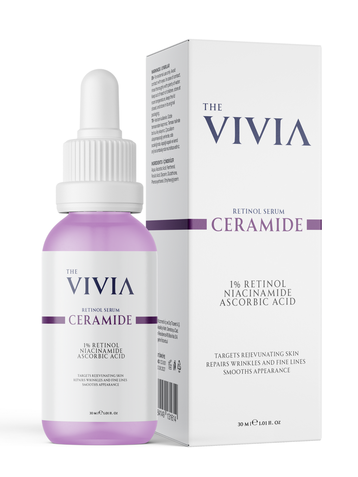 The Vivia Kırışıklık ve Yaşlanma Karşıtı Aydınlatıcı Retinol Serum Askorbik Asit, %1 Retinol, Seramid 30 ml